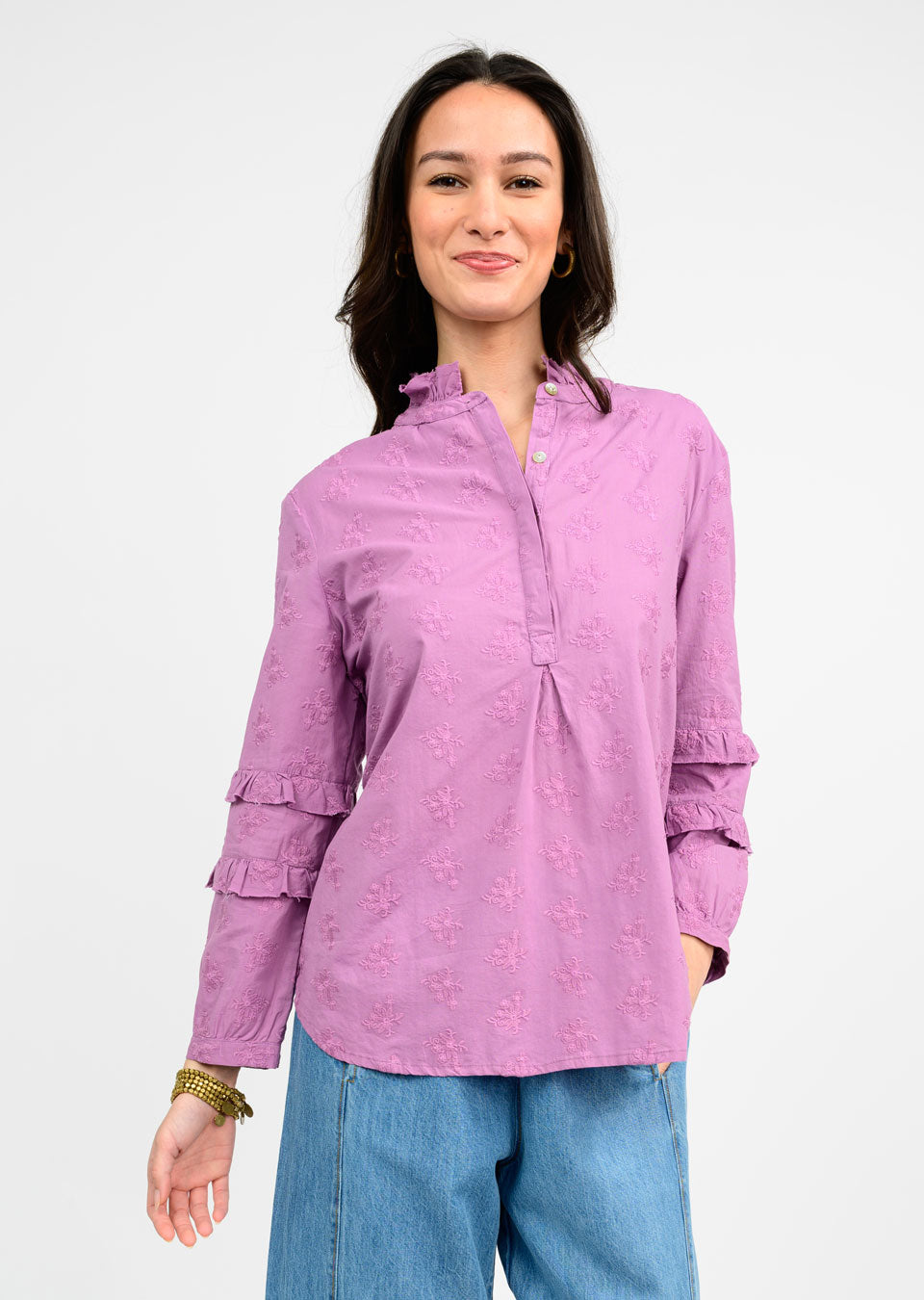 Eyelet Popover Shirt - Grape Embroidery Tops Ivy Jane