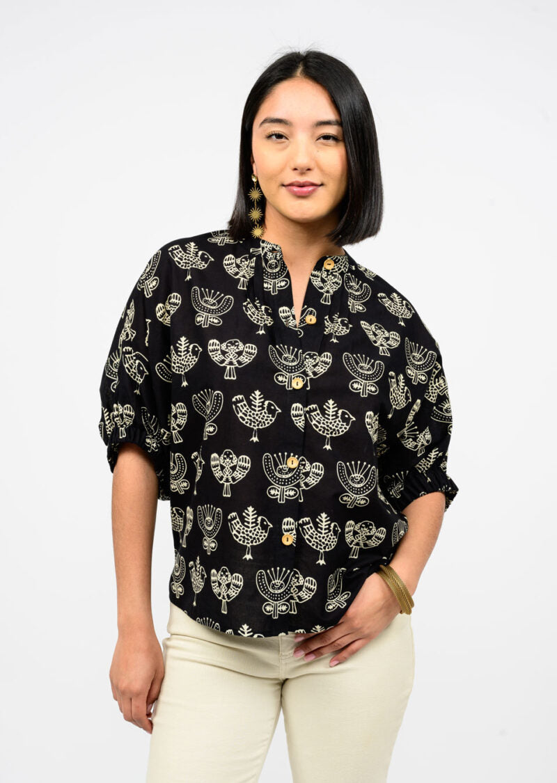 Block Print Poncho Top - Black Tops Ivy Jane