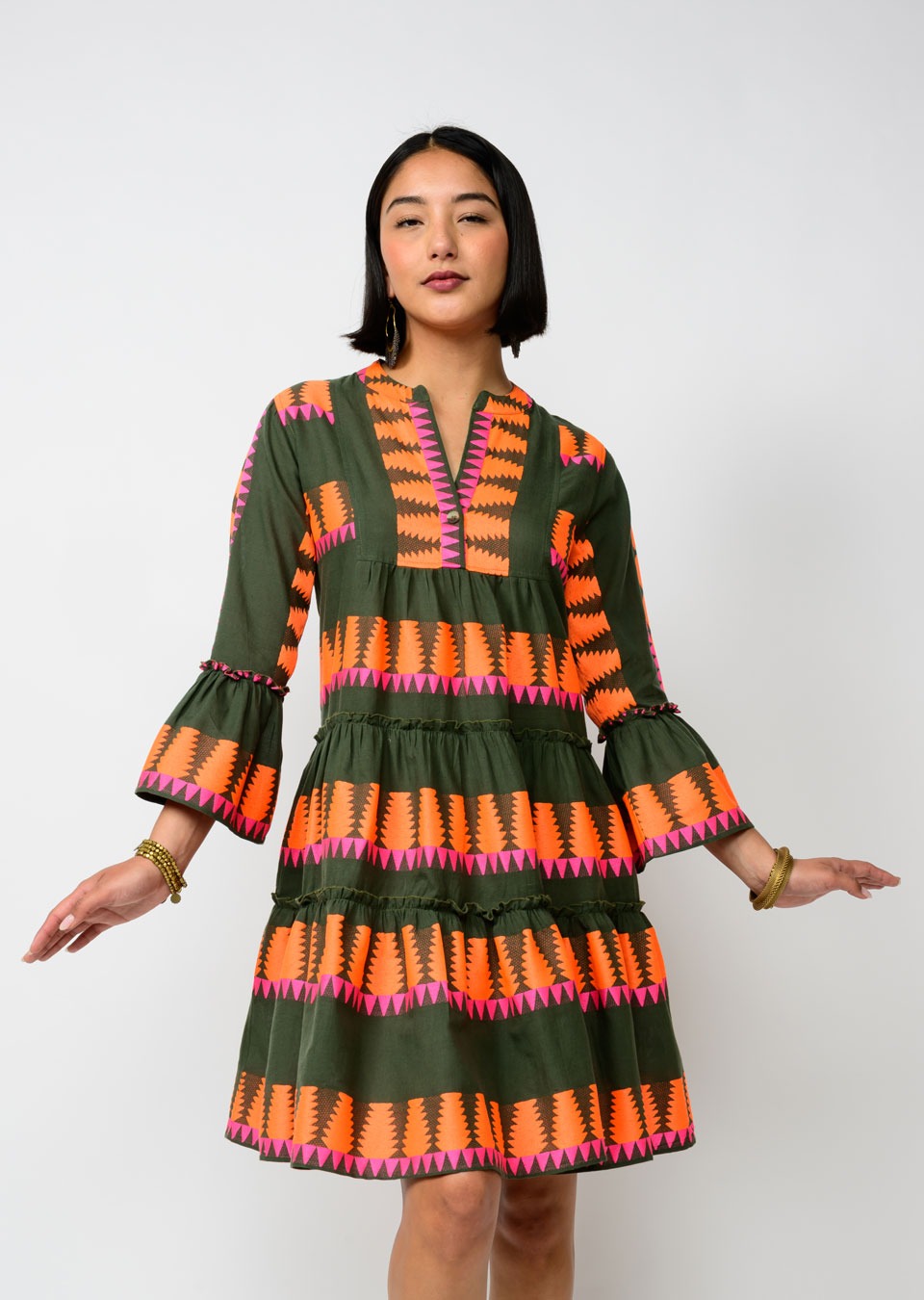 Jacquard Tiered Dress - Dark Olive Mini Dresses Uncle Frank