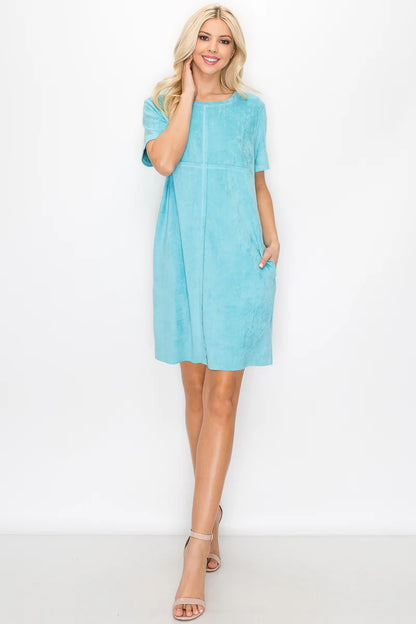 Audrey Short Sleeve Suede Dress - Turquoise Aqua Mini Dresses JOH Apparel   