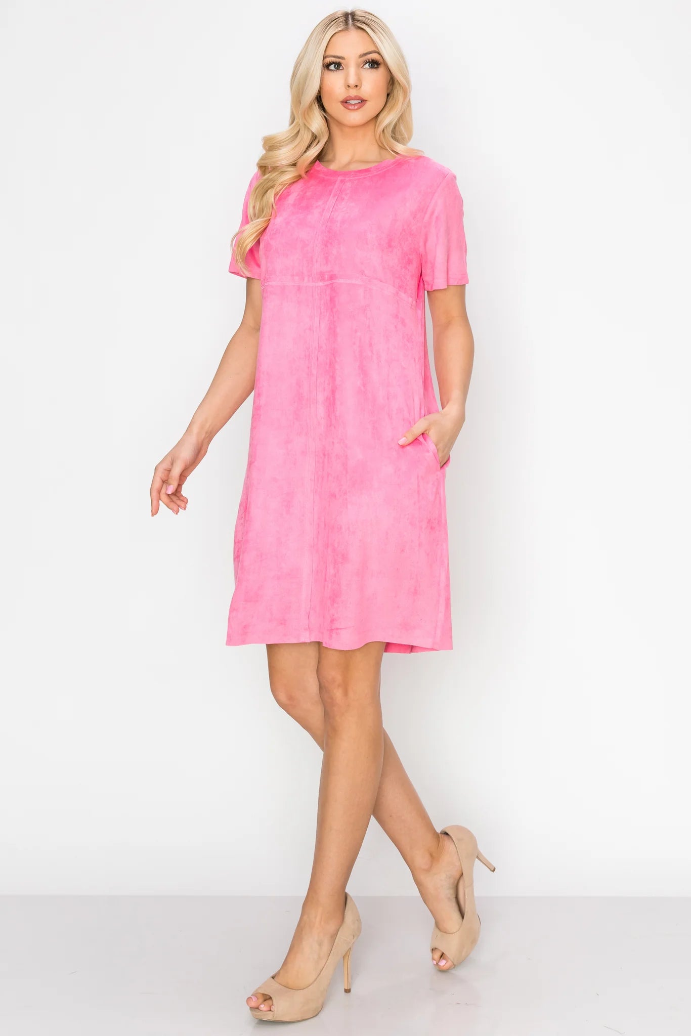 Audrey Short Sleeve Suede Dress - Fuchsia Pink Mini Dresses JOH Apparel   