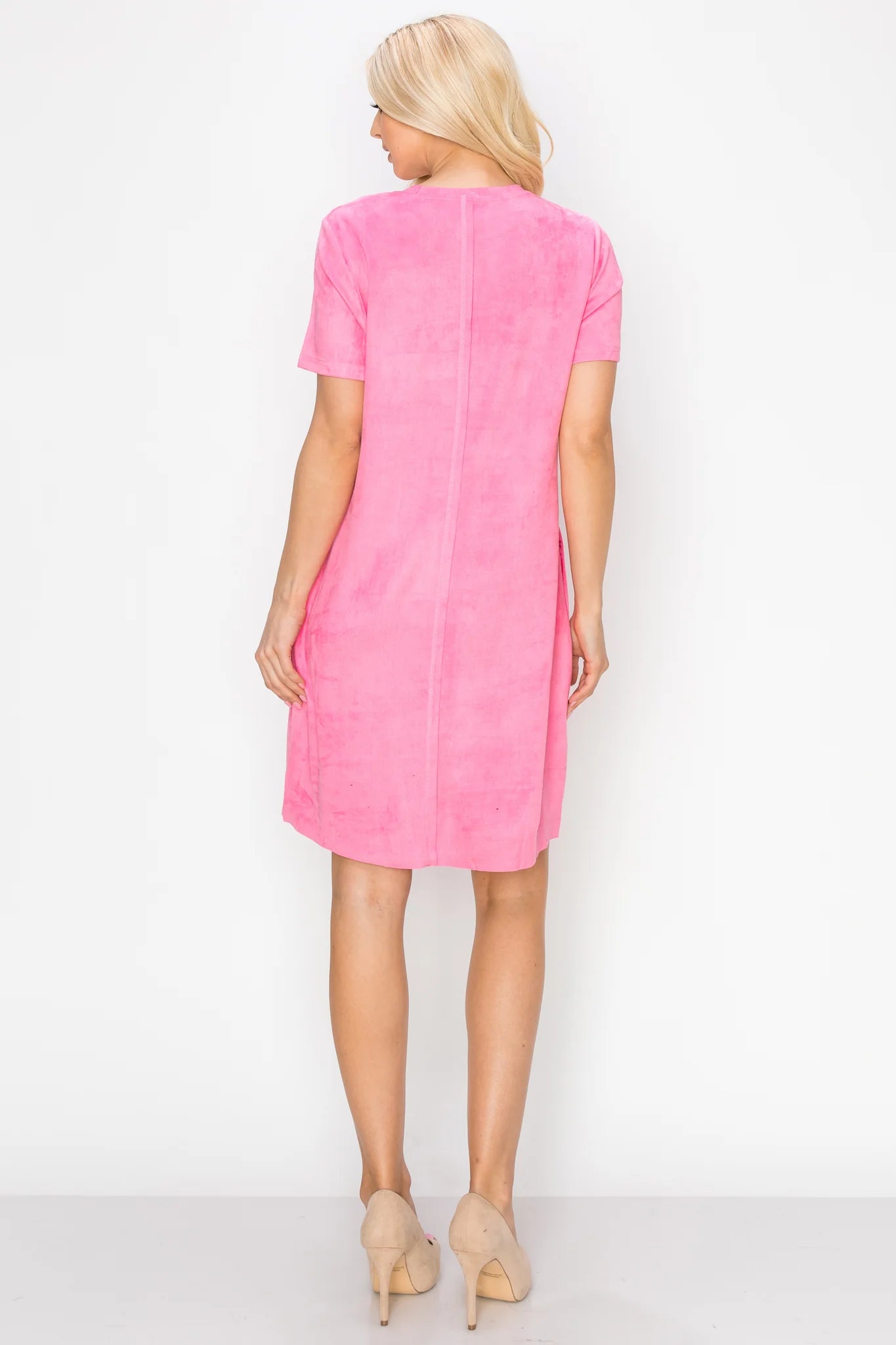 Audrey Short Sleeve Suede Dress - Fuchsia Pink Mini Dresses JOH Apparel   