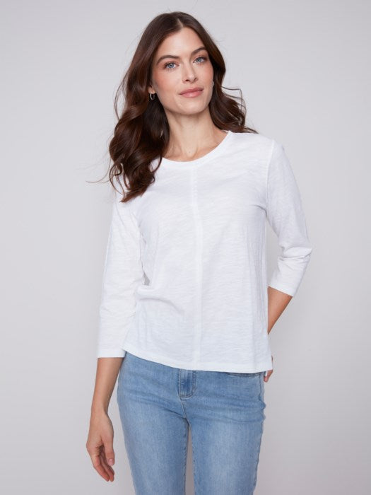 Organic Cotton Slub 3/4 Sleeve Knit Top - White Shirts & Tops Charlie B   