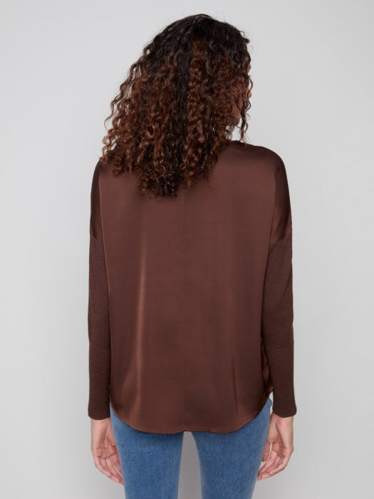 Mock Neck Satin Knit Combo Top - Mocha TOP Charlie B