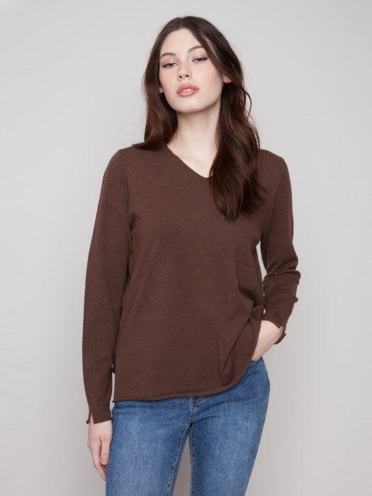 Plushy V-Neck Long Sleeve Basic Sweater - Mocha Sweaters Charlie B