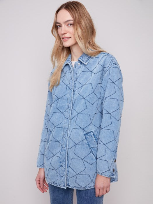 Star Quilted Denim Jacket with Welt Pockets - Light Blue CARDYORJKT Charlie B