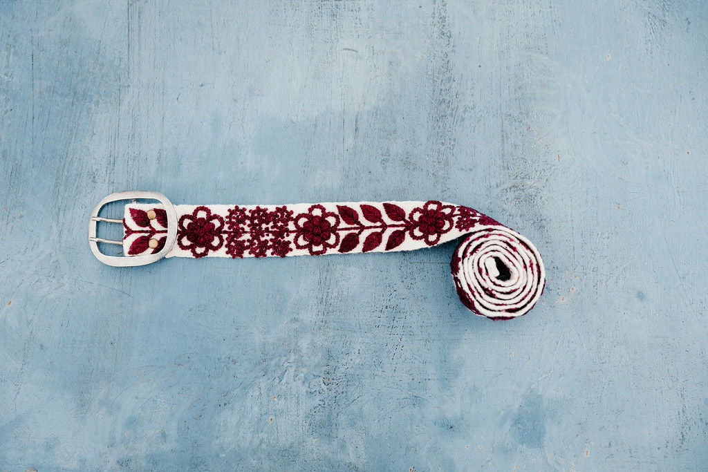 Wendi Burgundy/White Embroidered Belt Belts Madeline Parks   