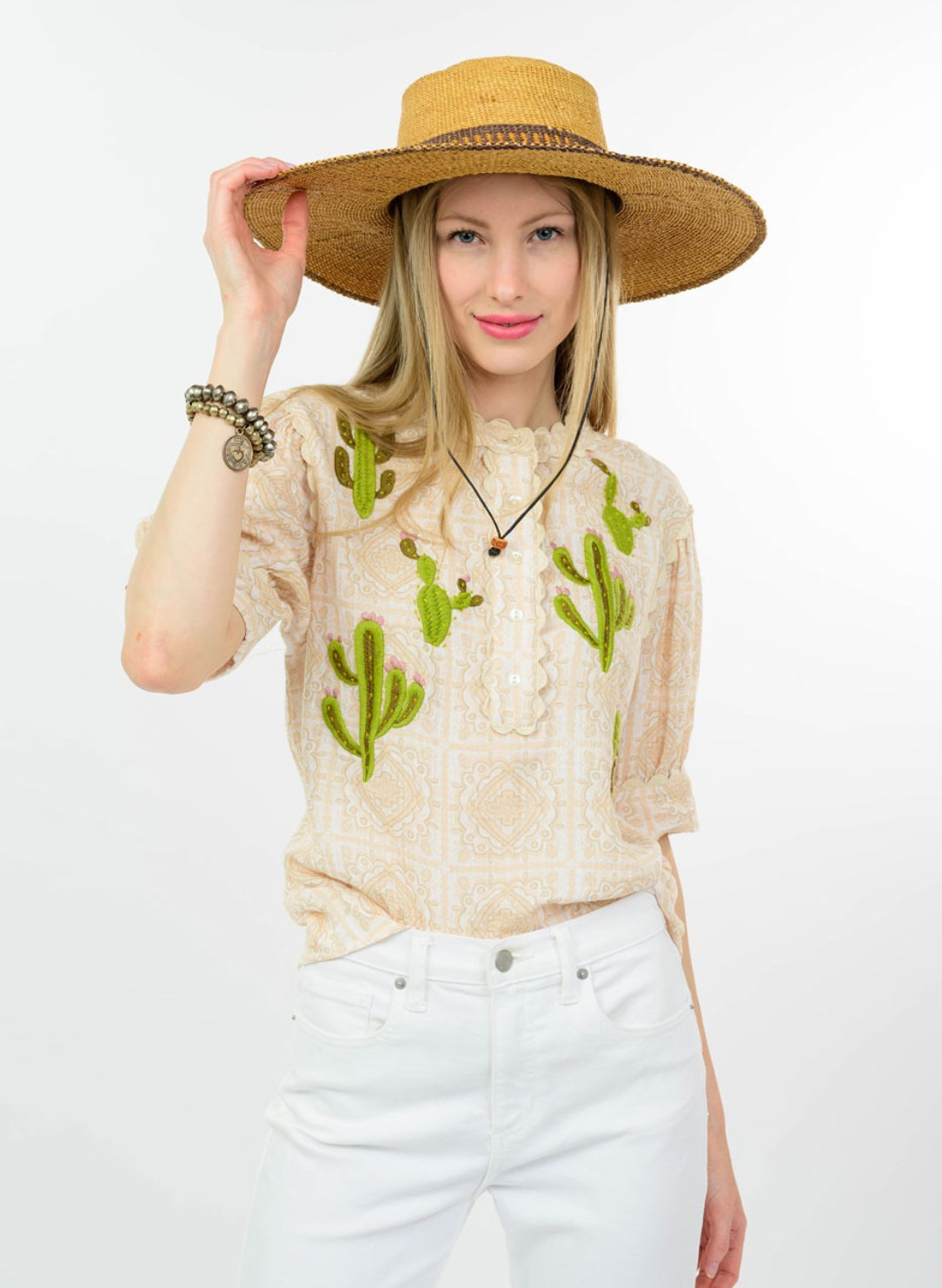 Nopal Tile Cactus Embroidered Top