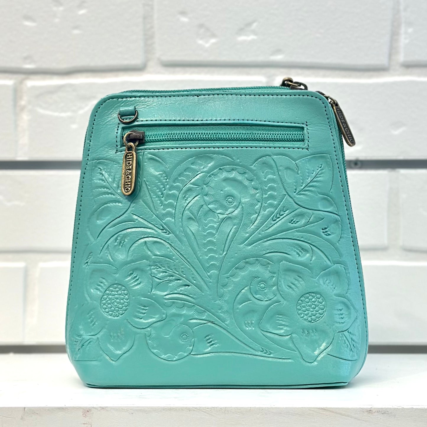 Margarita Hand-Tooled Leather Crossbody - Seafoam Aqua