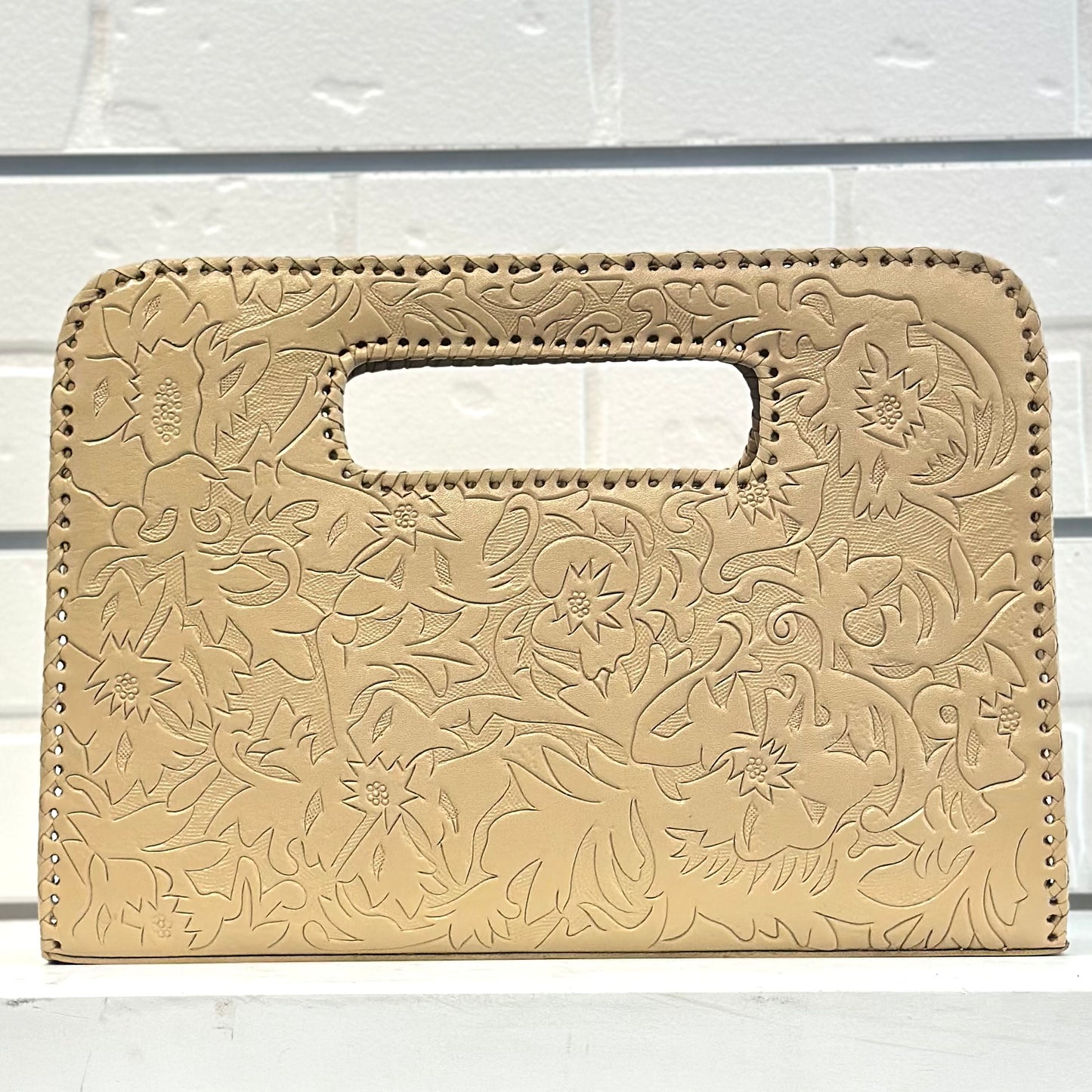 Catalina Hand-Tooled Leather Clutch - Beige
