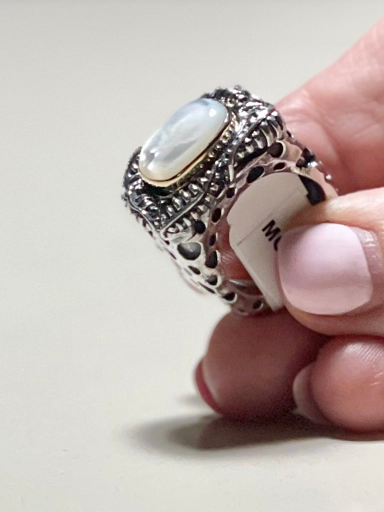 Oval Mother of Pearl with Gold Bezel and Grapevine Ring Rings Dian Malouf