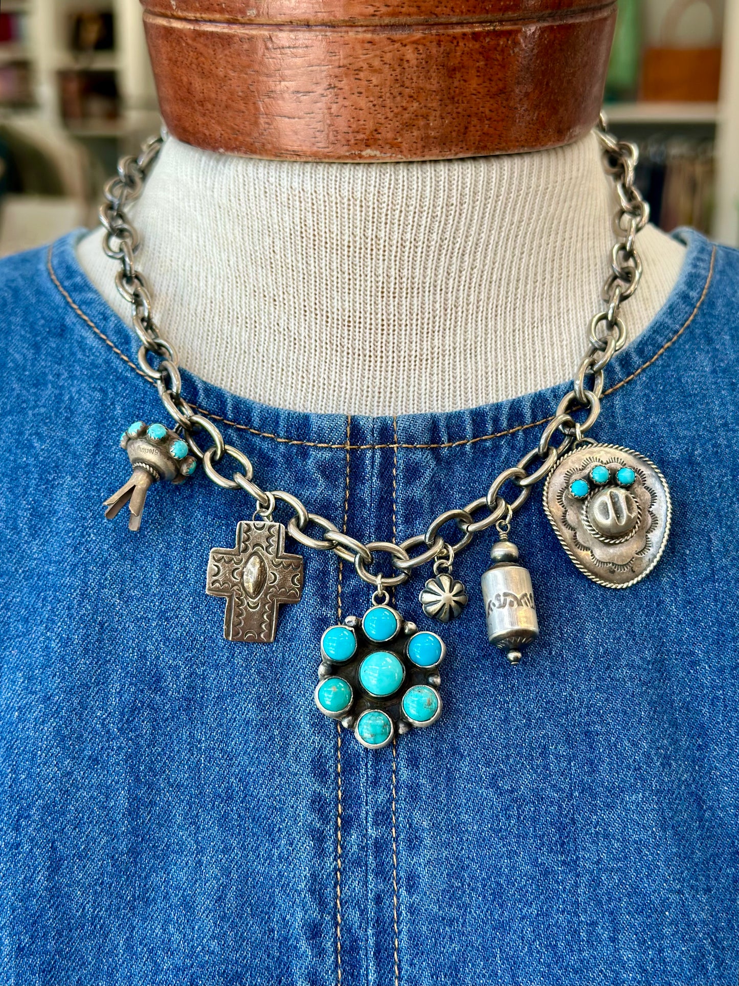 Turquoise and Sterling Chain Charm Necklace Creation #1