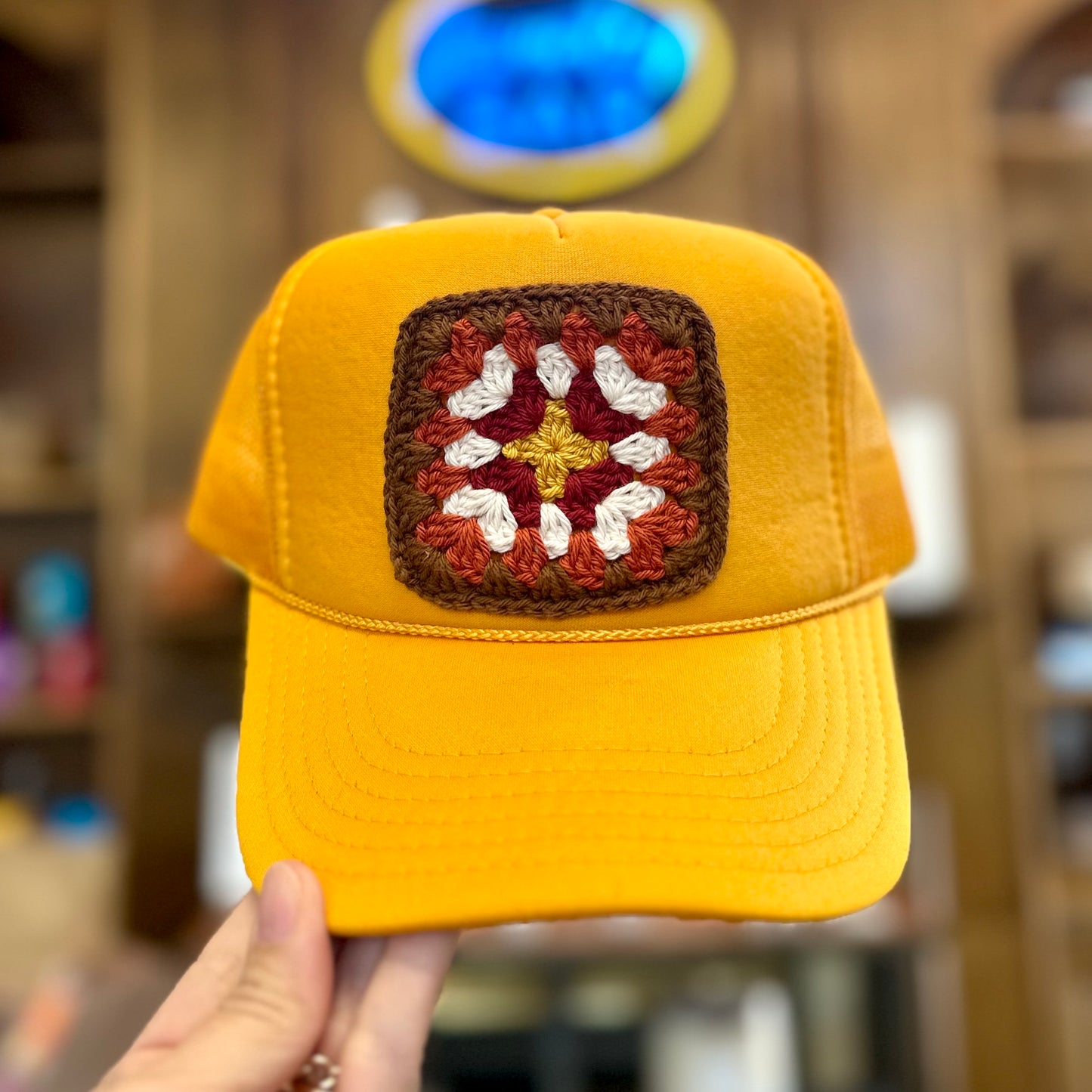 Granny Crochet Patch Trucker Hat - Yellow with Brown