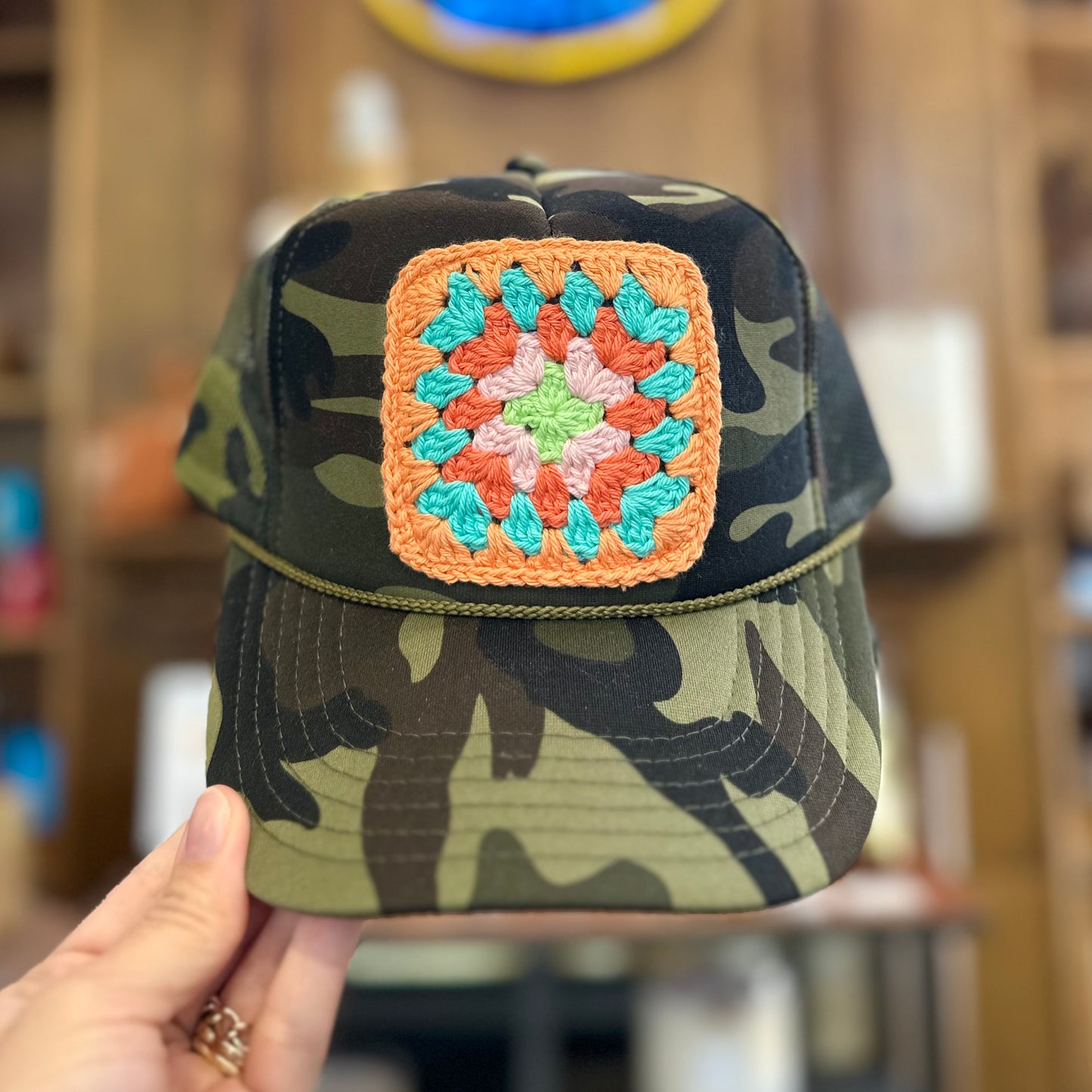 Granny Crochet Patch Trucker Hat - Camo with Peach