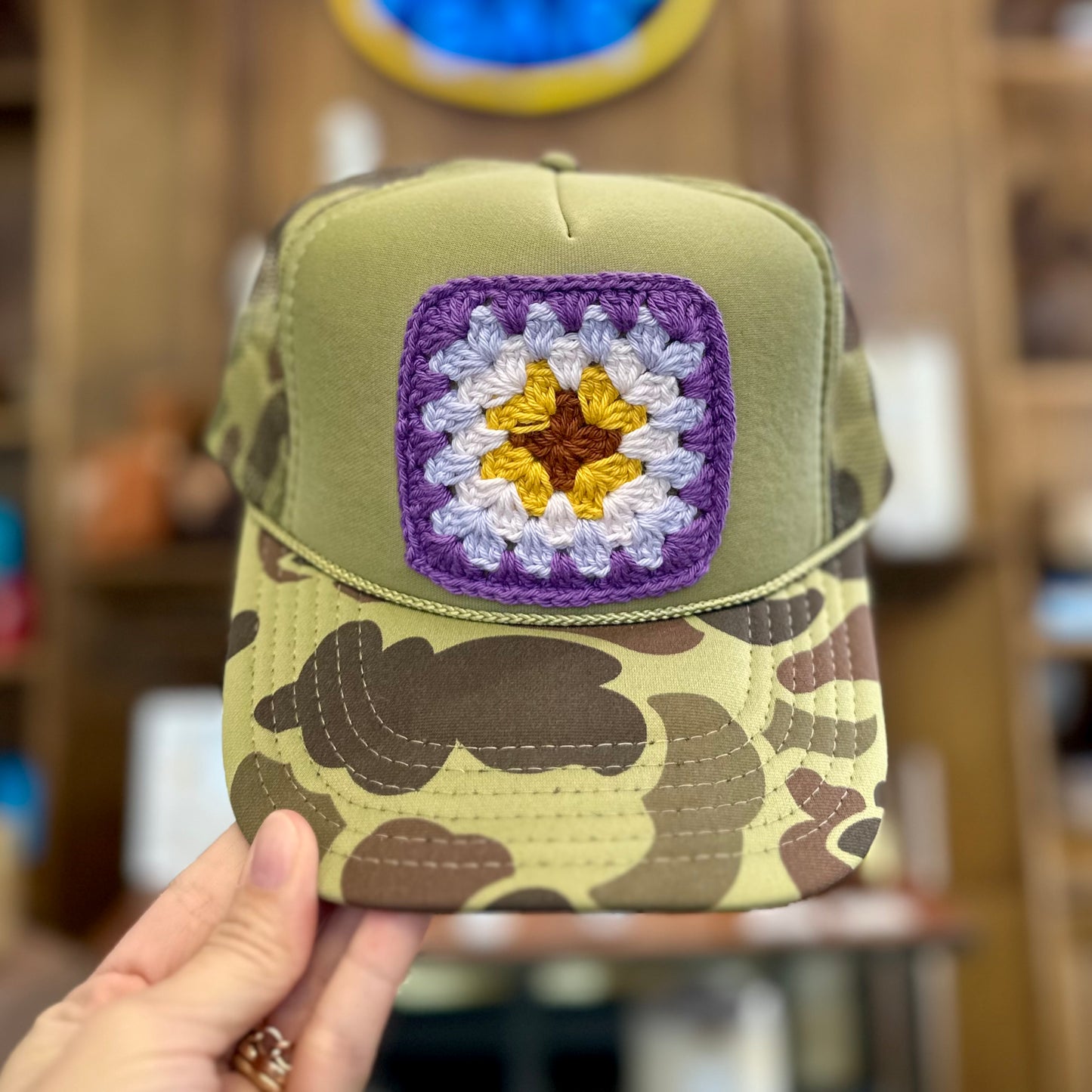 Granny Crochet Patch Trucker Hat - Light Camo with Purple