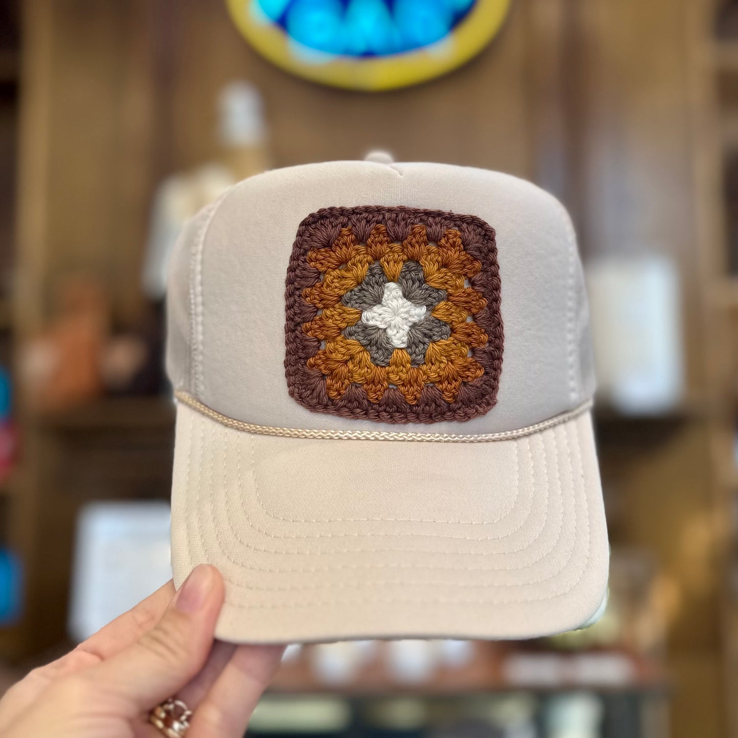 Granny Crochet Patch Trucker Hat - Tan with Brown Trends & Traditions Boutique