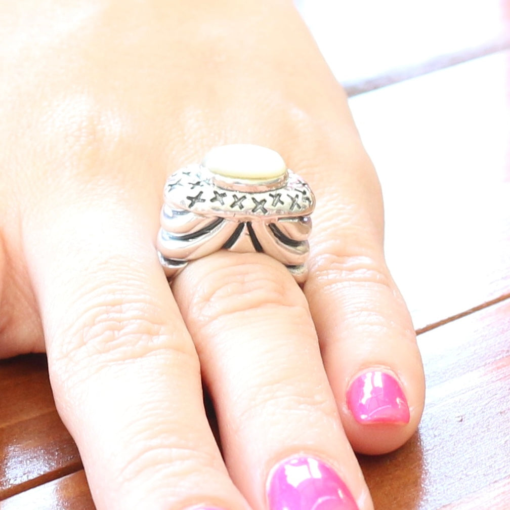 MOP X’s Bezel with Scalloped Shank Ring Rings Dian Malouf