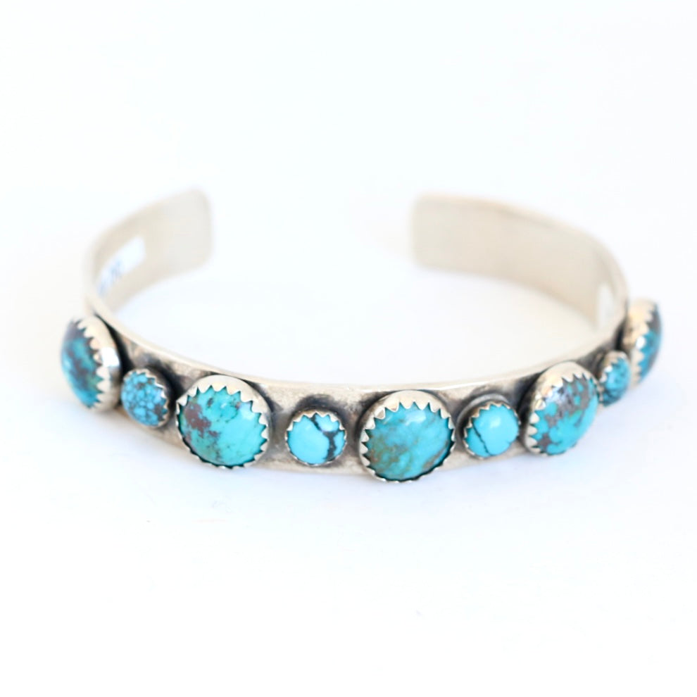 Sterling Cuff with 9 Multi-Size Turquoise Stones Cuffs Richard Schmidt   