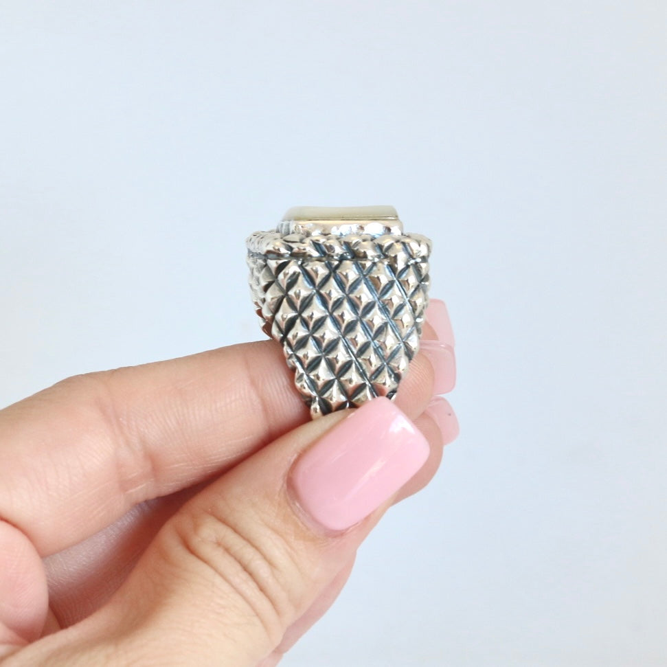 Square Mother of Pearl Cross Hatch Ring Rings Dian Malouf