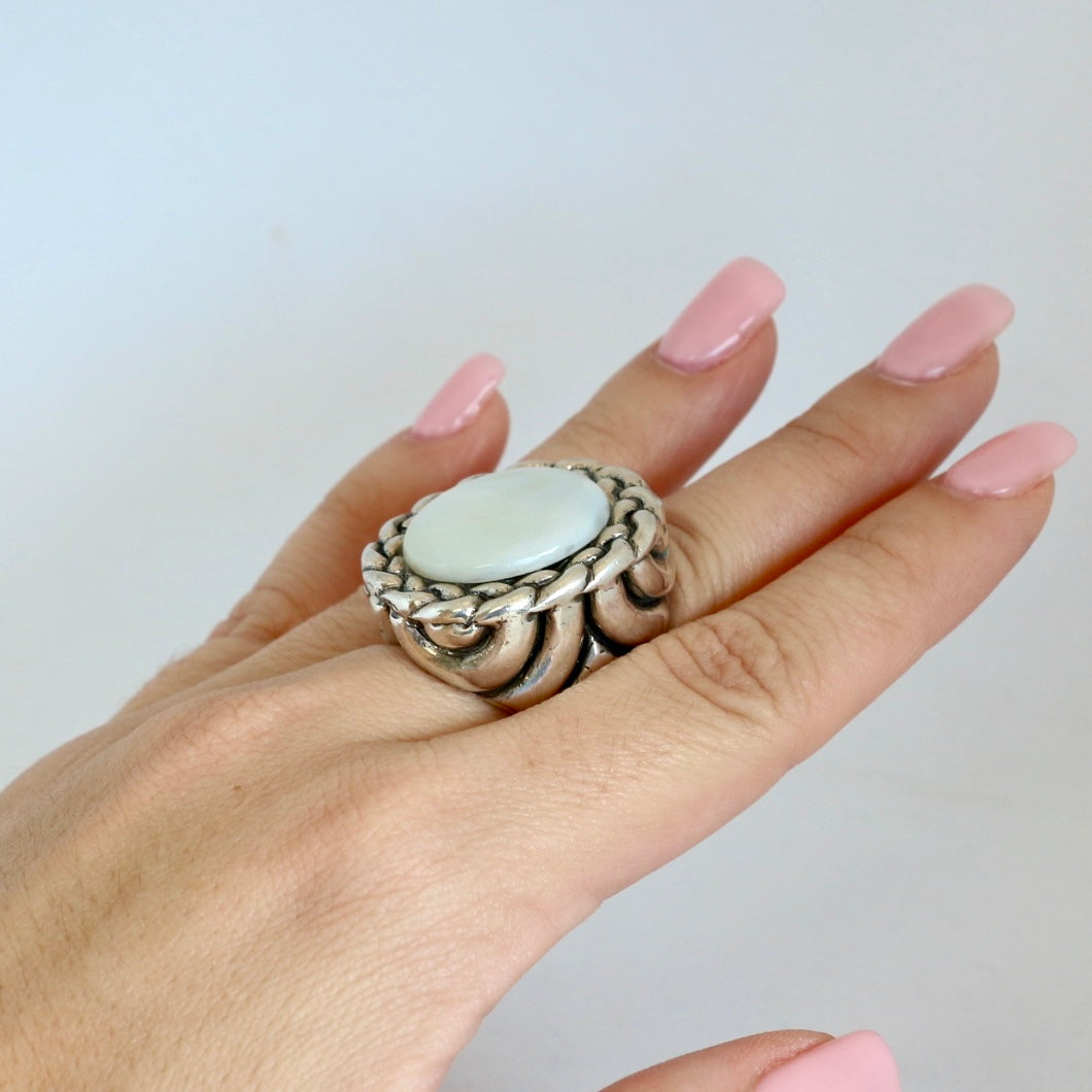 Large Oval Mother of Pearl with Braided Bezel Ring Rings Dian Malouf