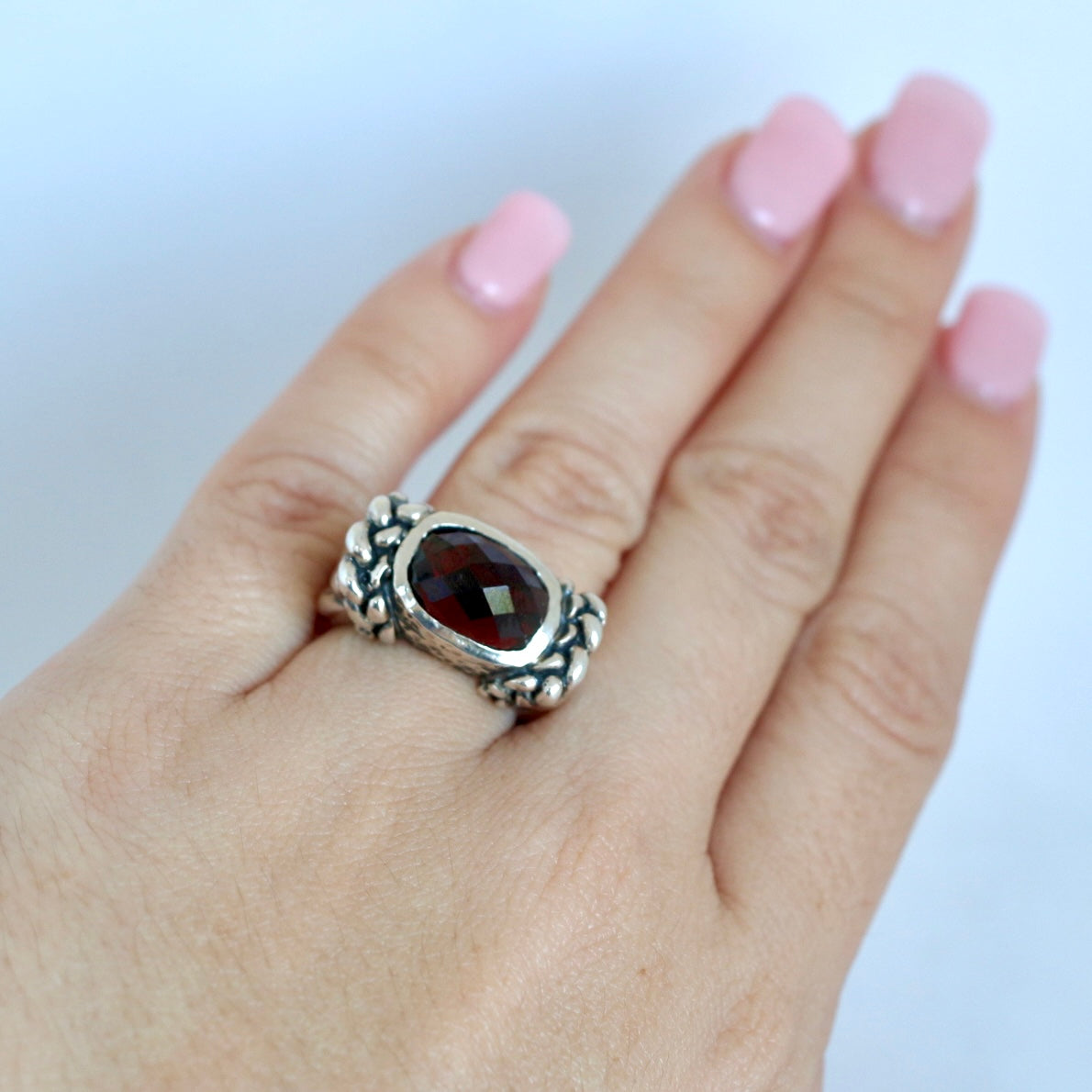 Faceted Garnet with Braided Shank Ring Rings Dian Malouf