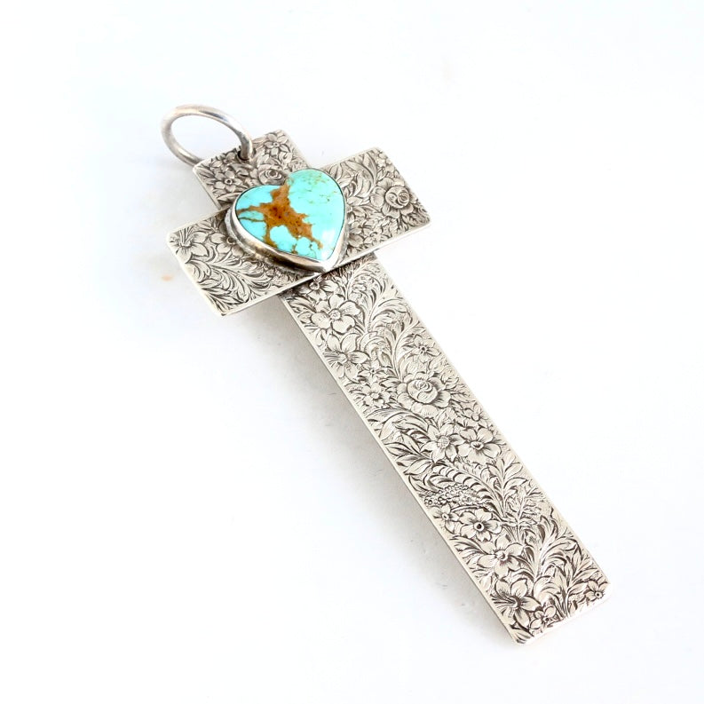 Engraved Sterling Silver Cross Pendant with Heart Turquoise Pendants Richard Schmidt