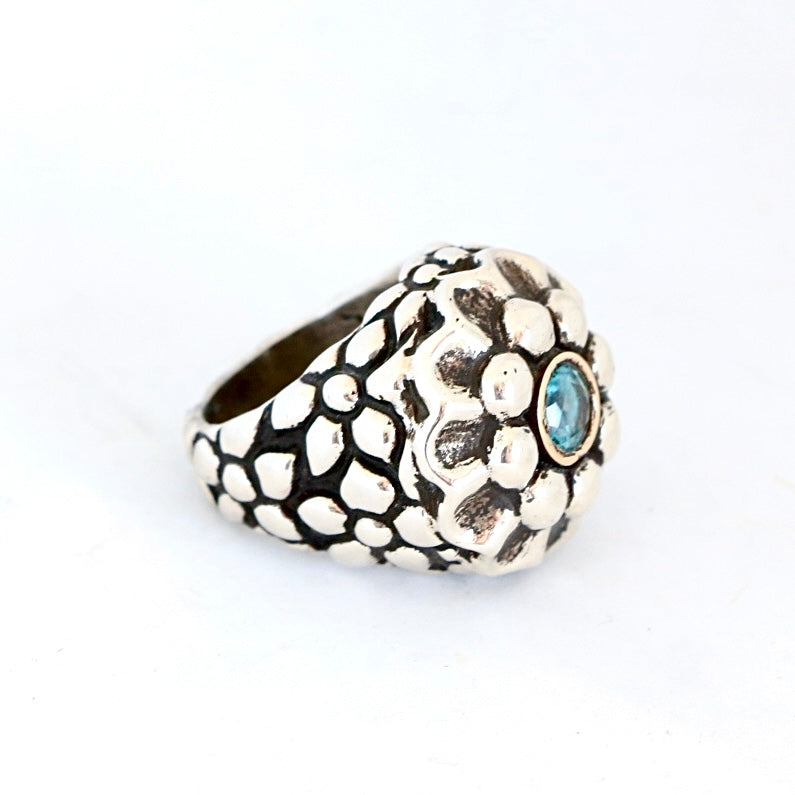 Sterling Flower with Blue Topaz and Gold "Signature" Ring Rings Dian Malouf