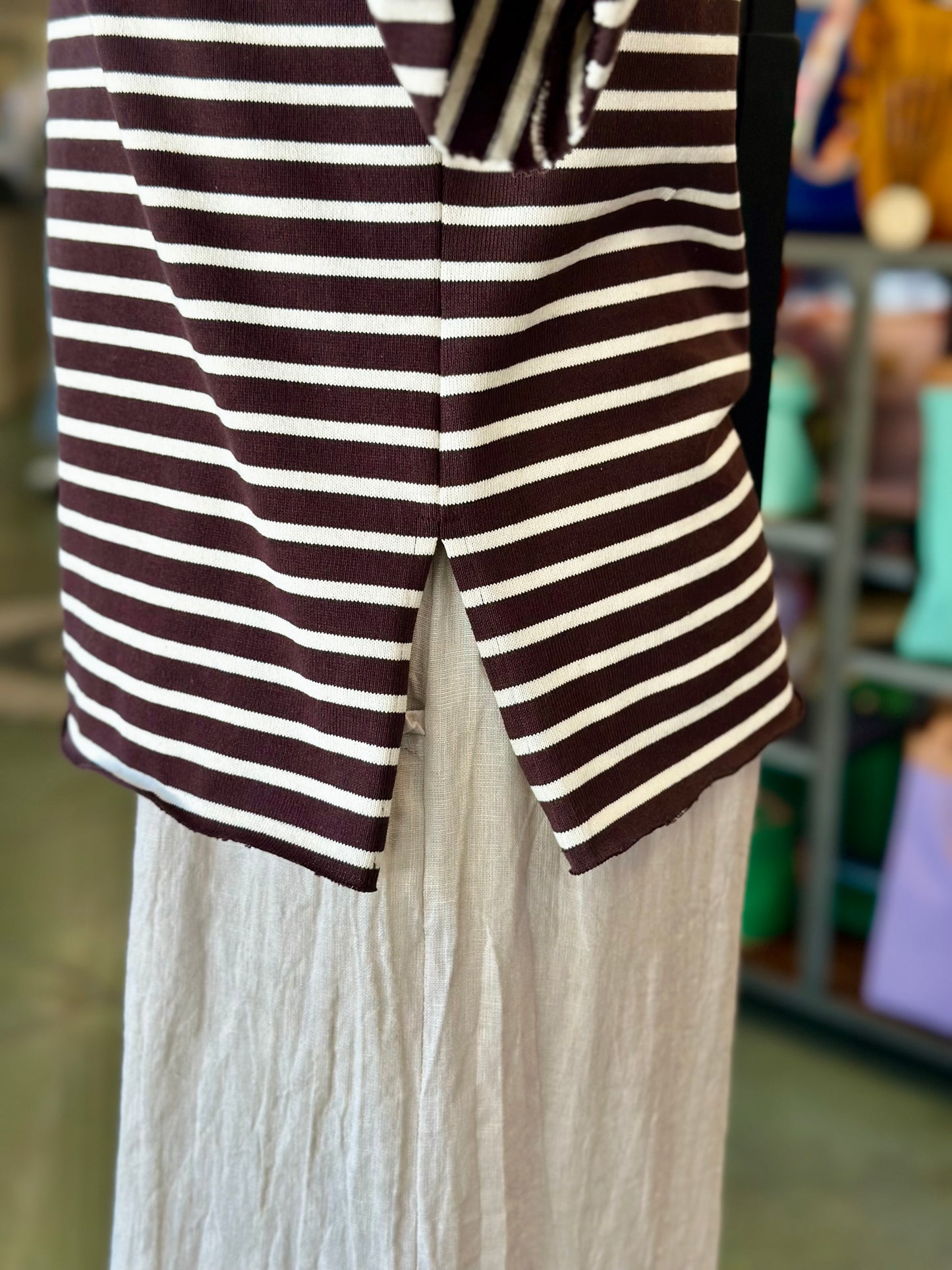 Simple Knit Funnel Neck Top - Brown & White Stripes Top Sweet Revenge Rags