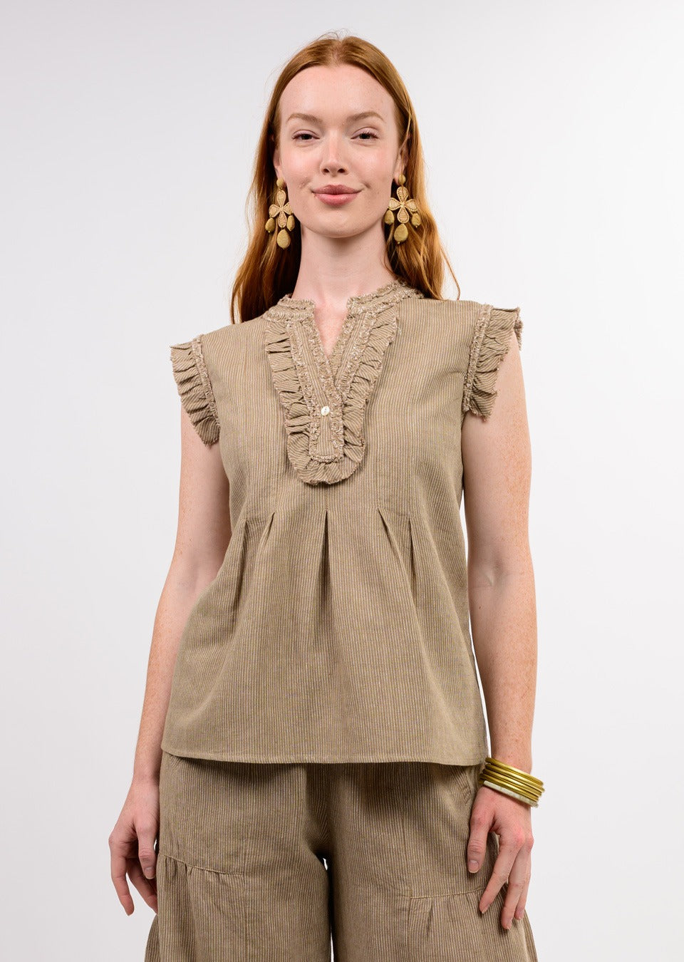 Khaki Striped Ruffled Top TOP Ivy Jane XS