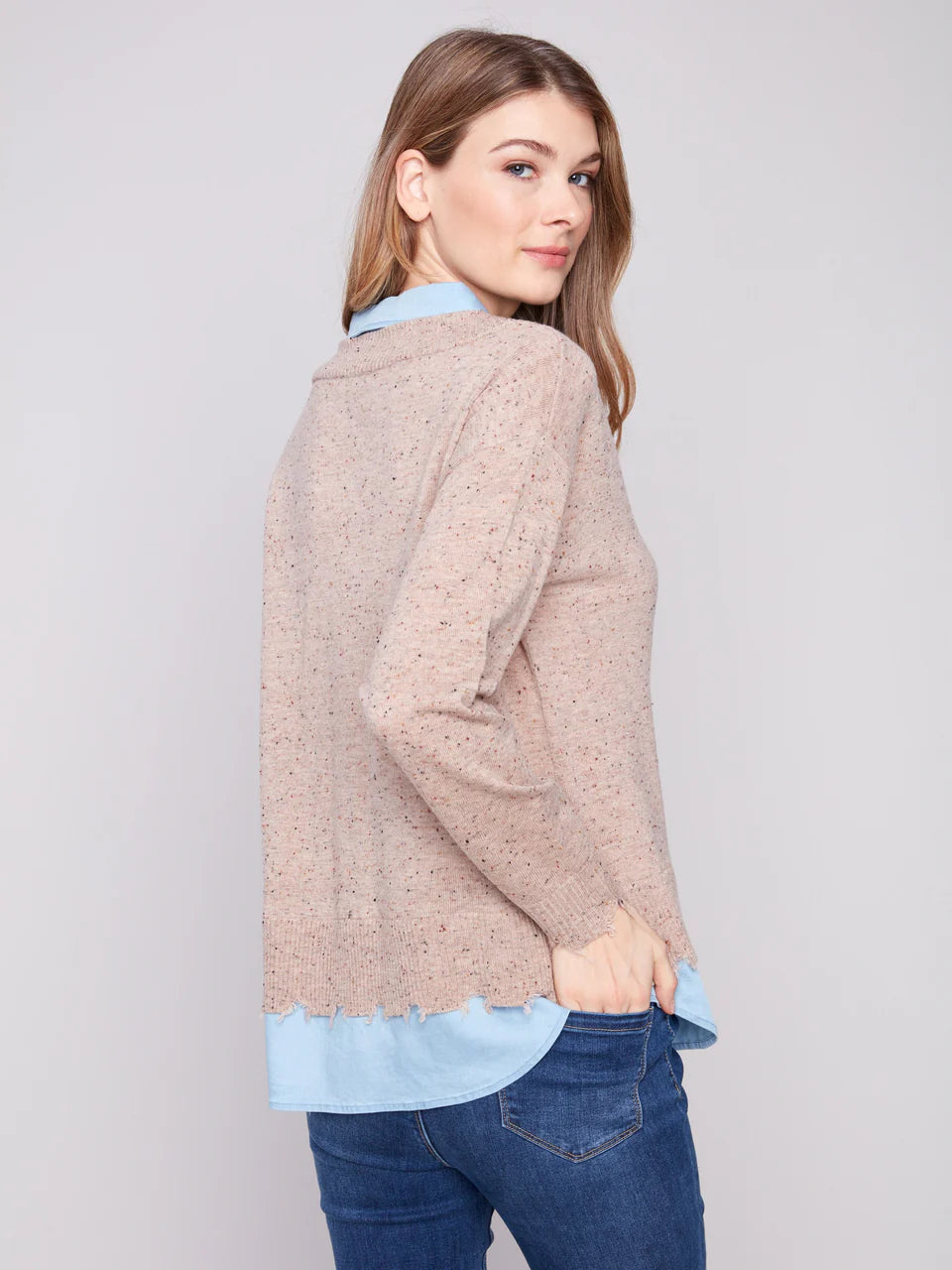 V-Neck Fooler Sweater With Shirt Collar - Oat Flecks TOP Charlie B