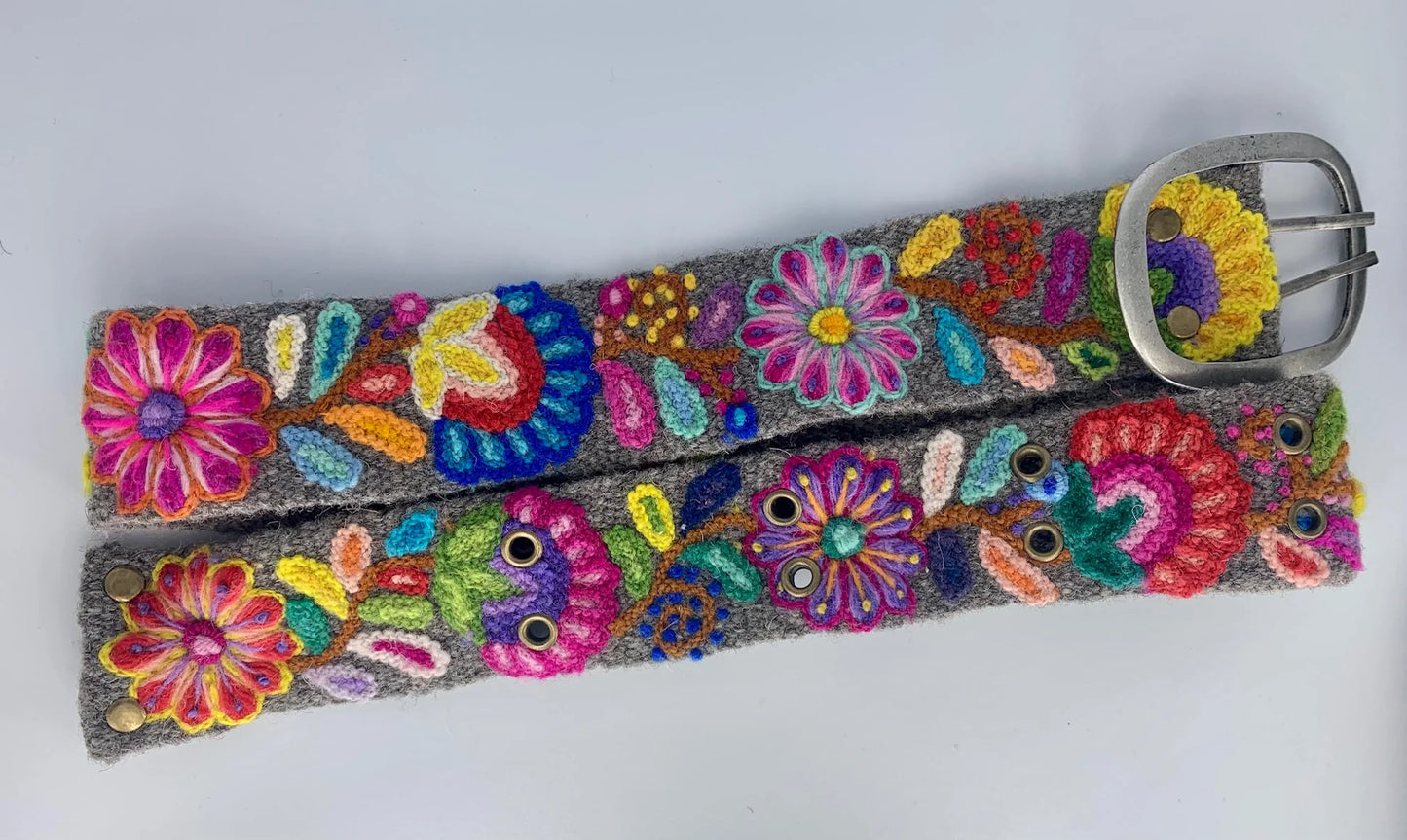 Bright Floral Grey Embroidered Belt Belts Madeline Parks