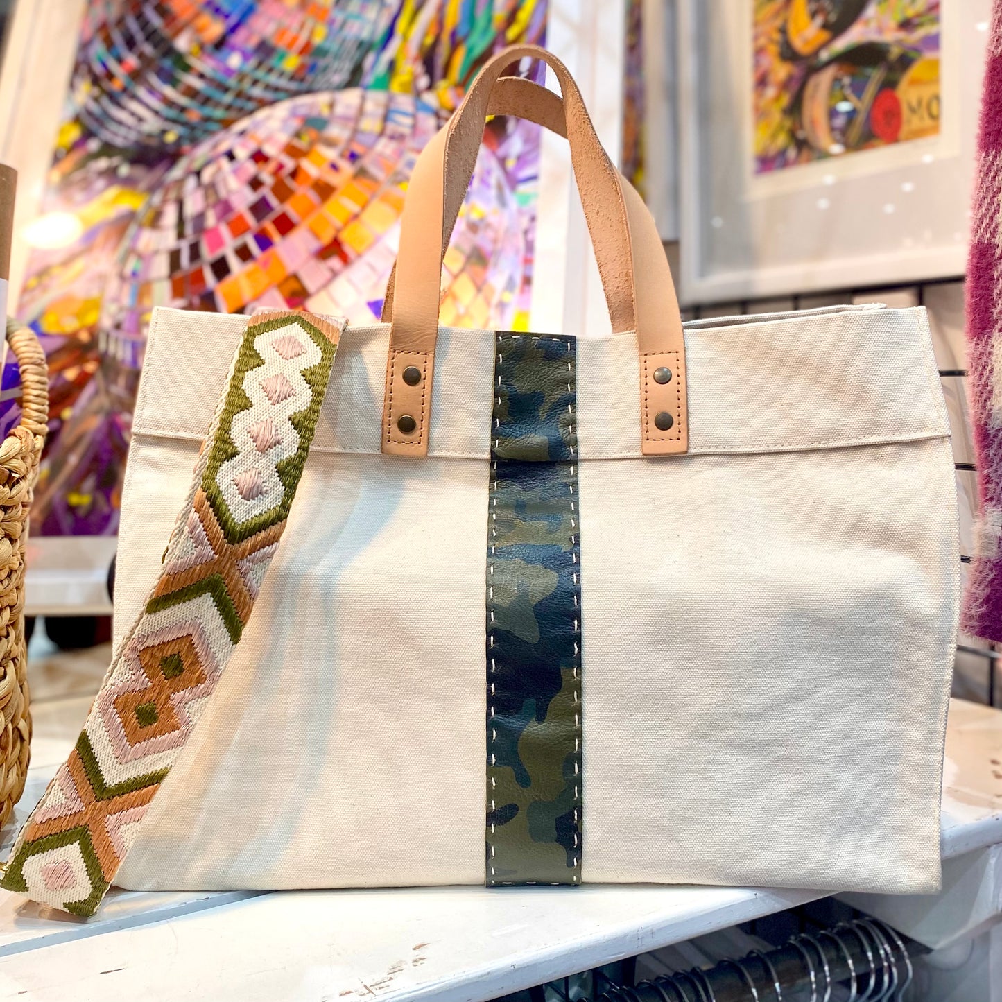 Large Cotton Canvas Tote with Leather Stripe Totes Helene Thomas   