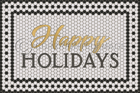 Custom Vinyl Floor Mat - White Mosaic with Customized Black 8th Ave Text & Gold Script: "Happy Holidays" Custom Wording spicher and co   