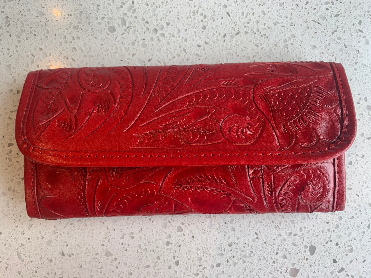 Pepita Hand-Tooled Leather Wallet Wallets Hide and Chic Red  