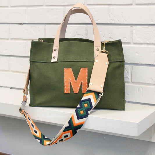 Small Olive Canvas Tote with Orange Leather Initial Totes Helene Thomas   