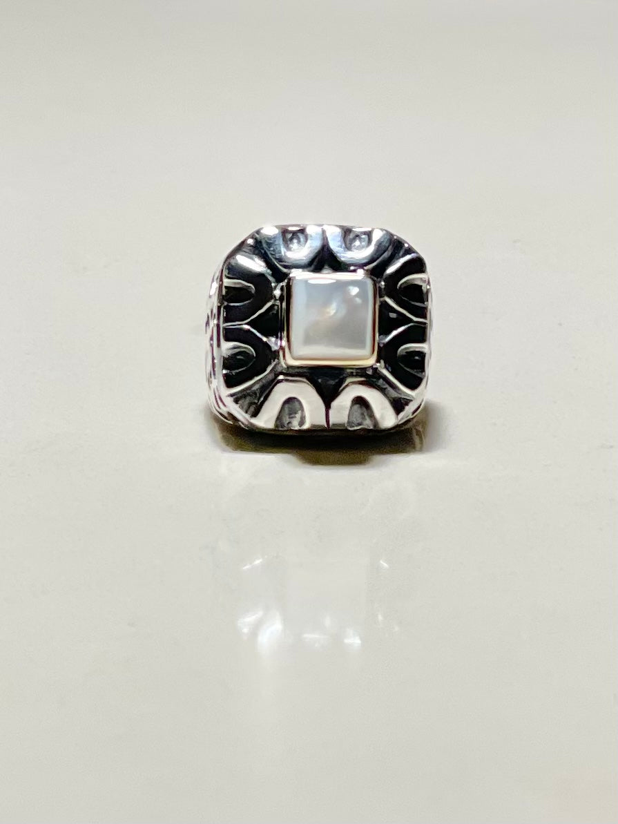 Crater Shank with Square Mother of Pearl and Gold Bezel Ring Rings Dian Malouf   