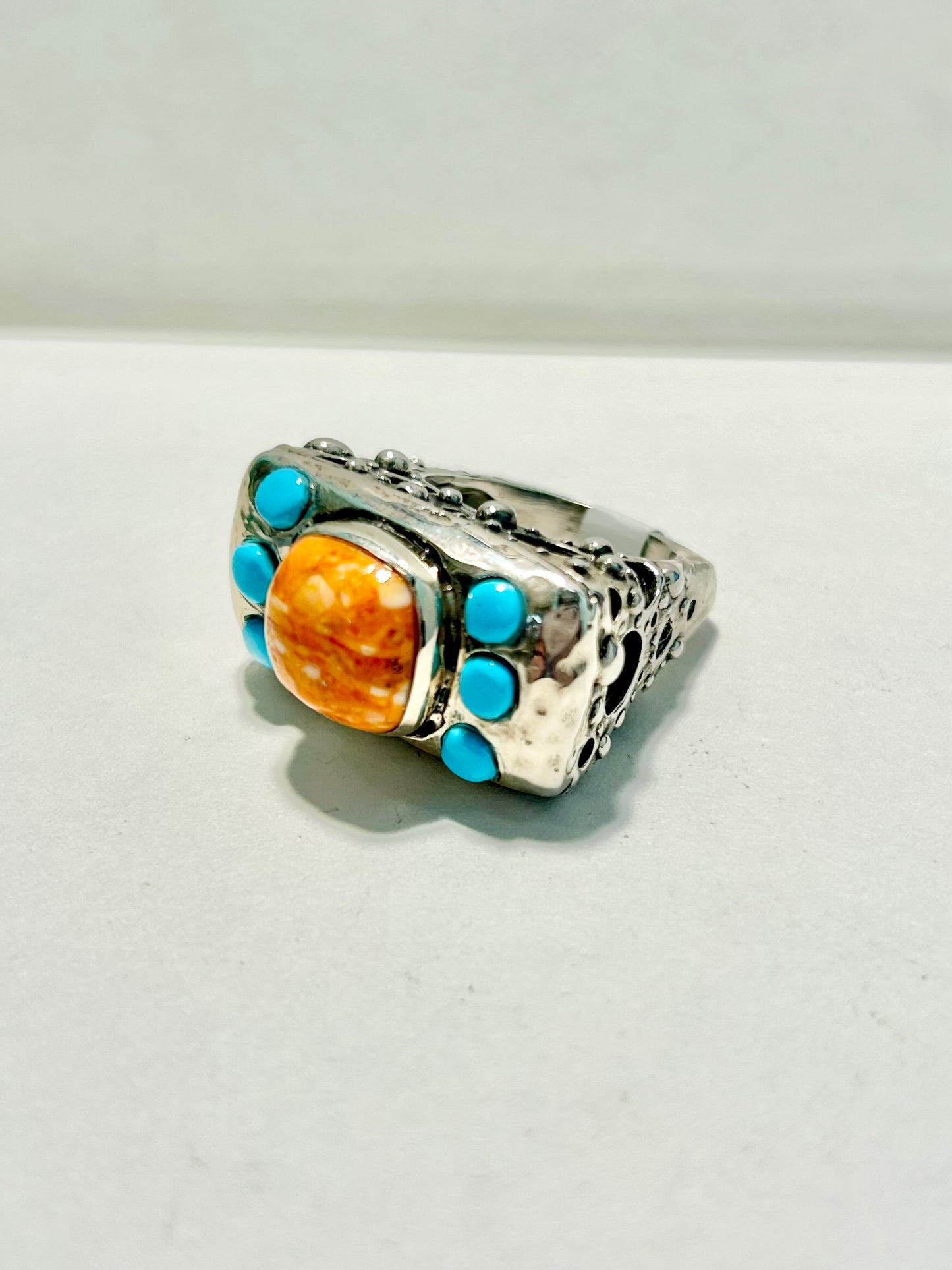 Sterling with Spiney Oyster and Turquoise Dots Ring Rings Dian Malouf