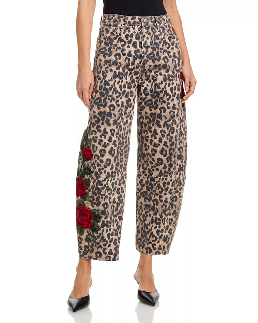 Leopard Roses Barrel Jeans PANTS Driftwood