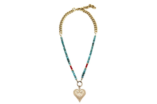 Turquoise and Red Coral Paisley Heart Necklace