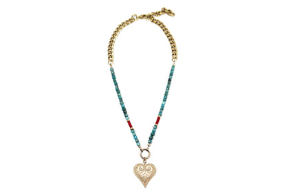 Turquoise and Red Coral Paisley Heart Necklace