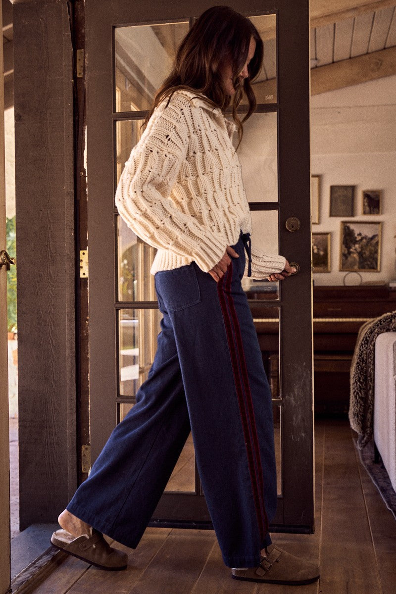 Maroon Velvet Stripe Denim Wide Leg Pants
