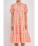 Orange Check Gingham Midi Dress