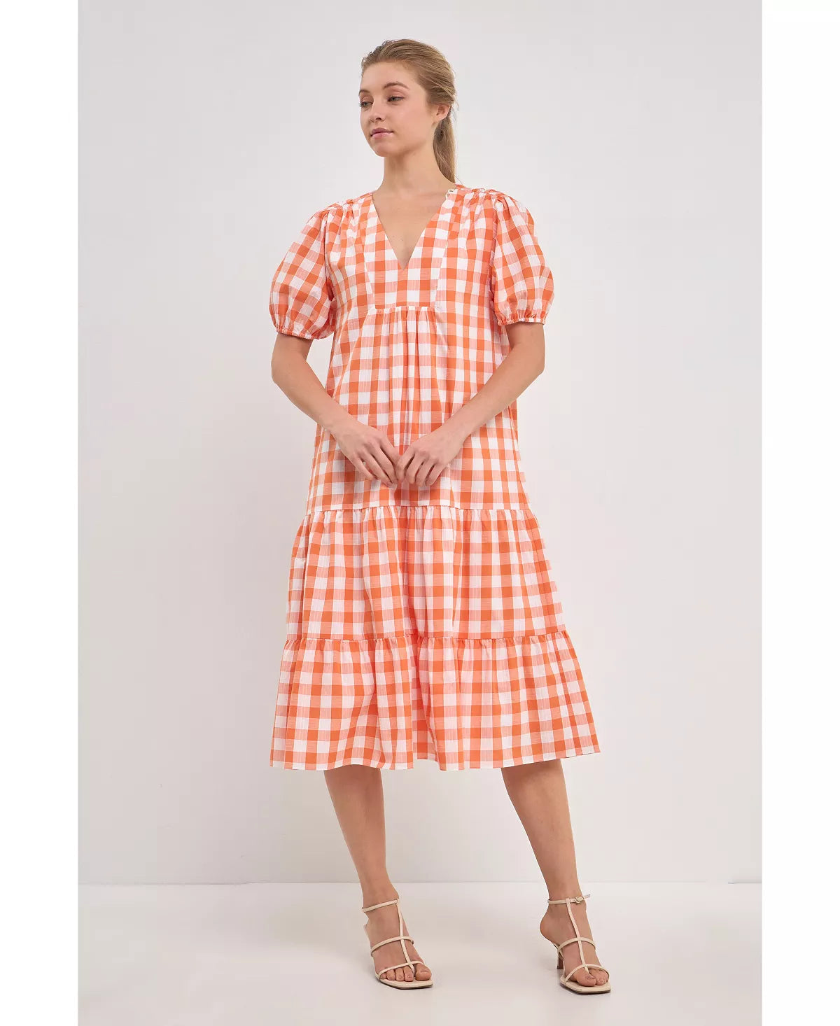 Orange Check Gingham Midi Dress Midi Dresses 2.7 August Apparel   