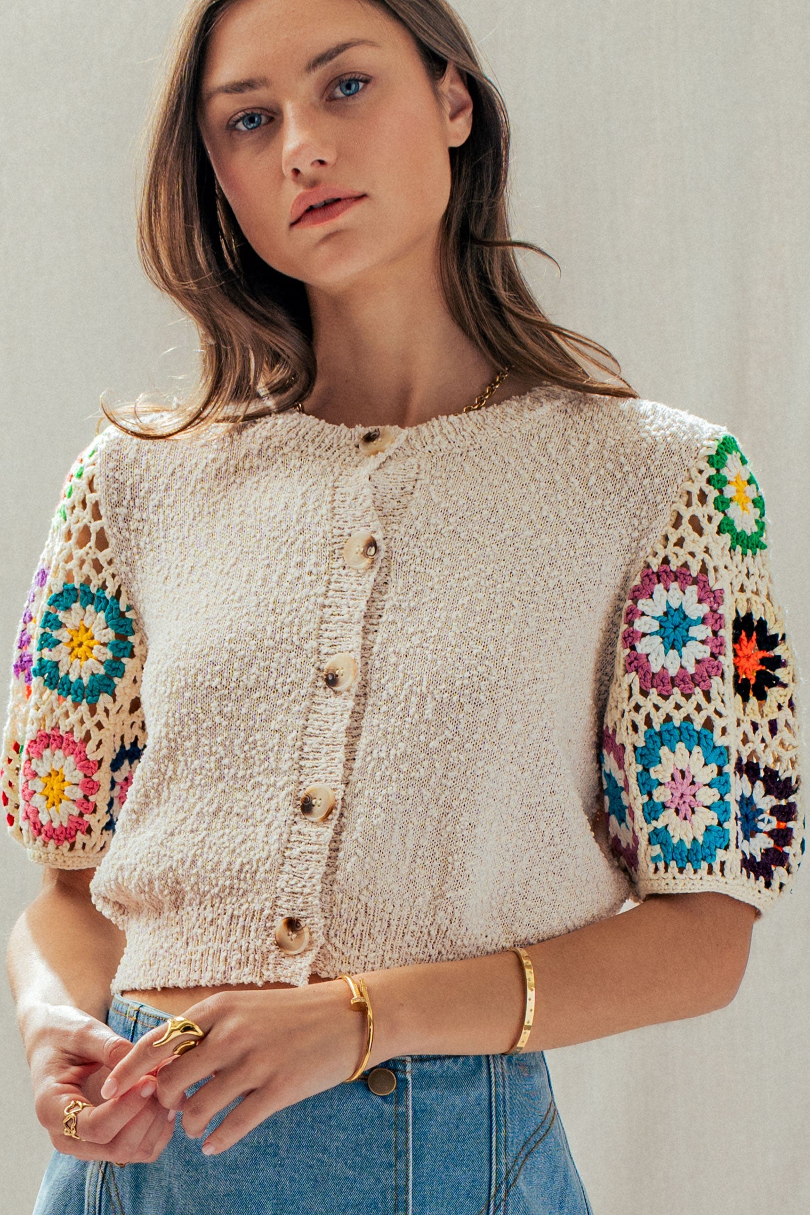 Crochet Sleeve Short Sleeve Cardigan TOP Trends