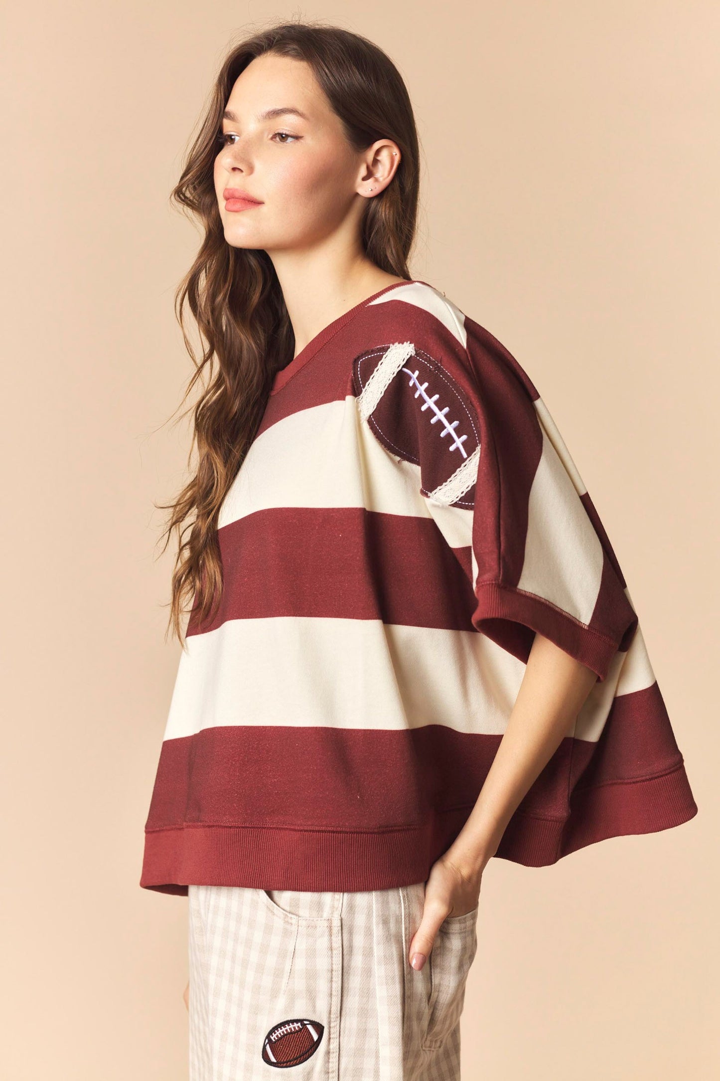 Football Patches With Stripe Dolman Sleeve Crop Sweatshirt TOP Peach Love