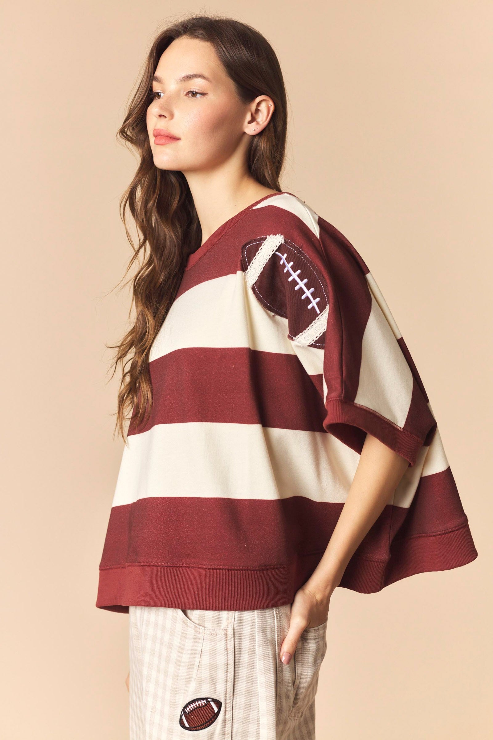 Football Patches With Stripe Dolman Sleeve Crop Sweatshirt TOP Peach Love