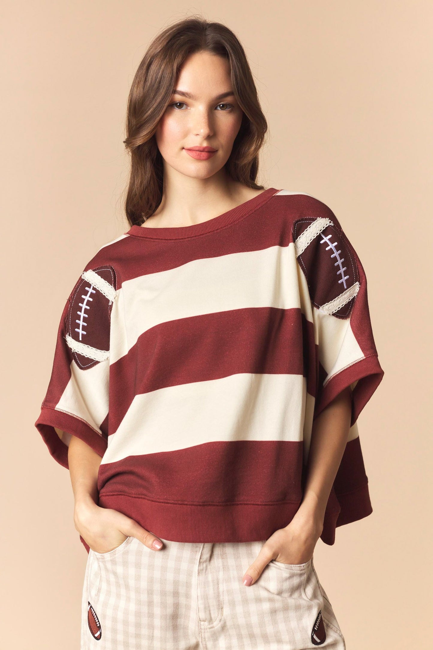 Football Patches With Stripe Dolman Sleeve Crop Sweatshirt TOP Peach Love