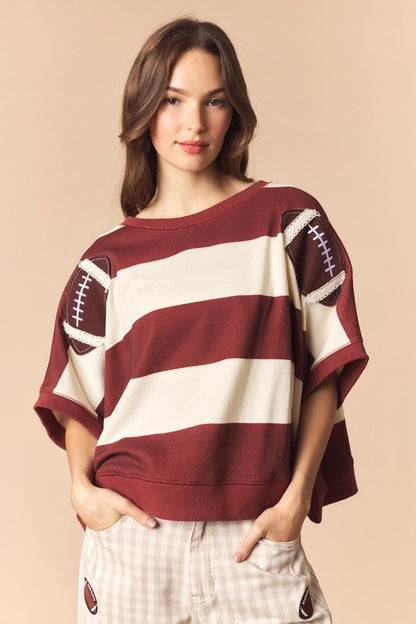 Football Patches With Stripe Dolman Sleeve Crop Sweatshirt TOP Peach Love