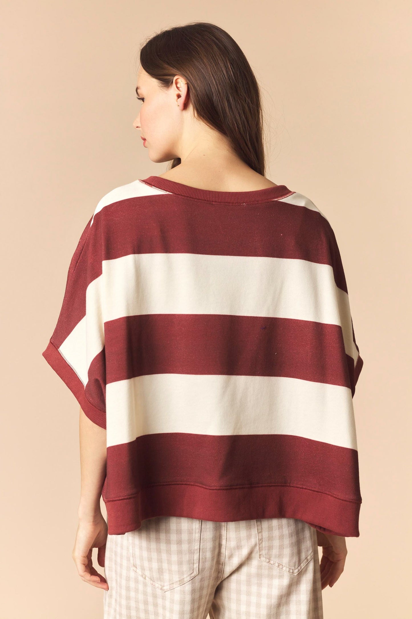 Football Patches With Stripe Dolman Sleeve Crop Sweatshirt TOP Peach Love