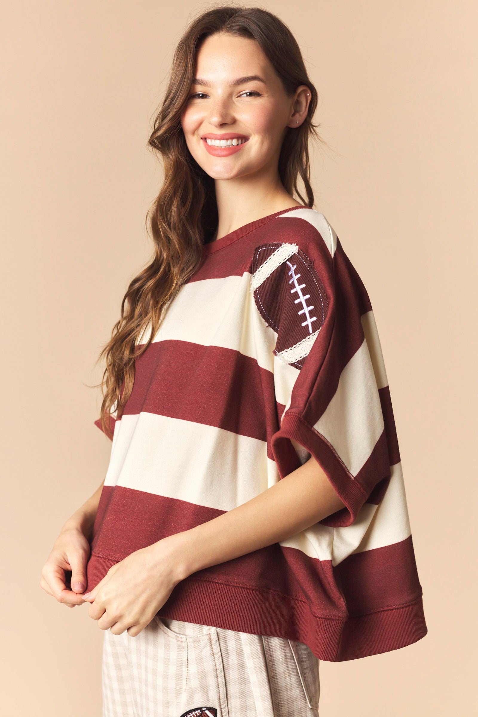 Football Patches With Stripe Dolman Sleeve Crop Sweatshirt TOP Peach Love